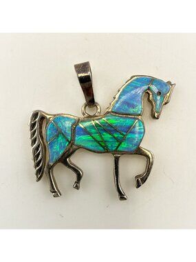 Navajo CALVIN PETERSON Pendant Horse Opal Inlaid Sterling Silver Stallion Colt